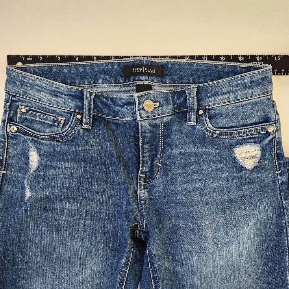 White House Black Market Straight Leg Crop Distressed Denim Jeans 0 Blue Sequins
